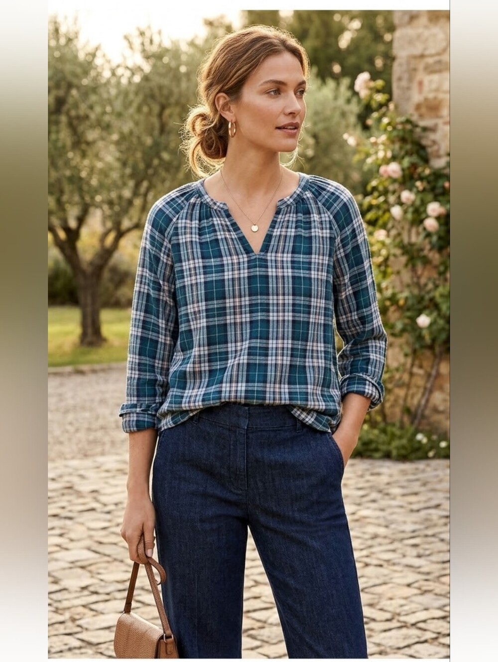 Garnet Hill Organic Cotton Teal Plaid Peasant Cottagecore Lightweight Blouse XL